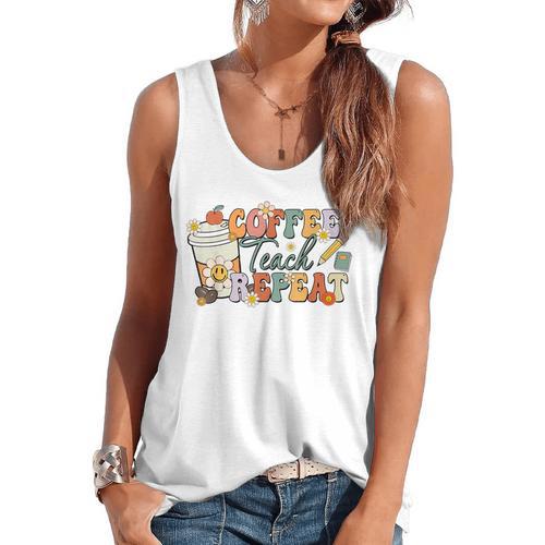 Retro Grovvy Coffee Teach Repeat Teacher Flowy Tank - teacherstshirts.com AU
