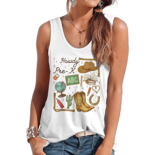 Retro Howdy Pre-K Back To School Western Teacher Flowy Tank - teacherstshirts.com CA
