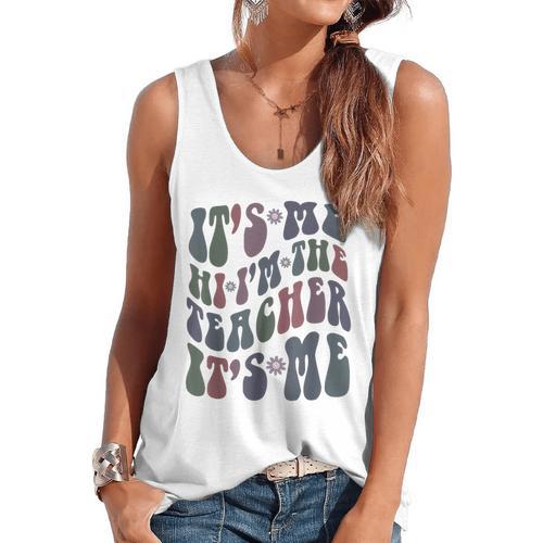 Retro IT'S ME Hi I'm The TEACHER Groovy Testing Squad Pink Flowy Tank - teacherstshirts.com CA
