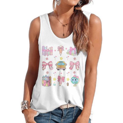School Pencils And Bows Teacher Bow Coquette Pencil Girls Flowy Tank - teacherstshirts.com AU