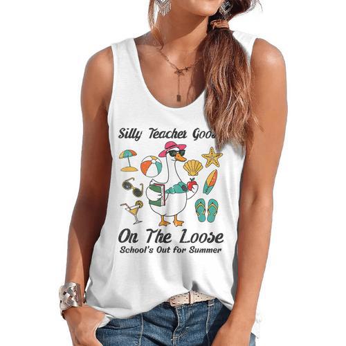 Silly Teacher Goose On The Loose School Out Summer Women Men Flowy Tank - teacherstshirts.com