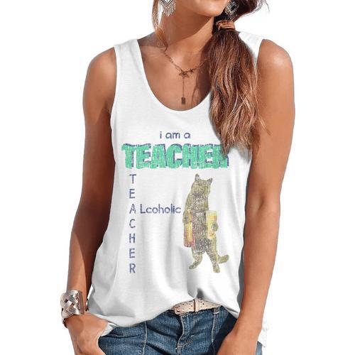 I Am A Teacher Alcoholic Cat Beer Feline Men Women Flowy Tank - teacherstshirts.com