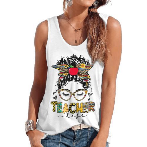 Teacher Life Messy Bun Glasses Leopard Sunflower Flowy Tank - teacherstshirts.com CA
