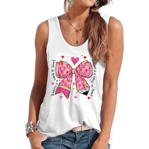 Teaching Is A Work Of Heart Pencil Bow Teacher Valentine Flowy Tank - teacherstshirts.com CA