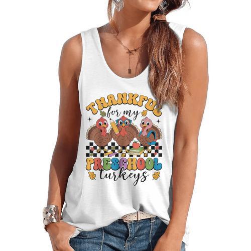 Thankful For My Preschool Turkeys Thanksgiving Teacher Fall Flowy Tank - teacherstshirts.com CA