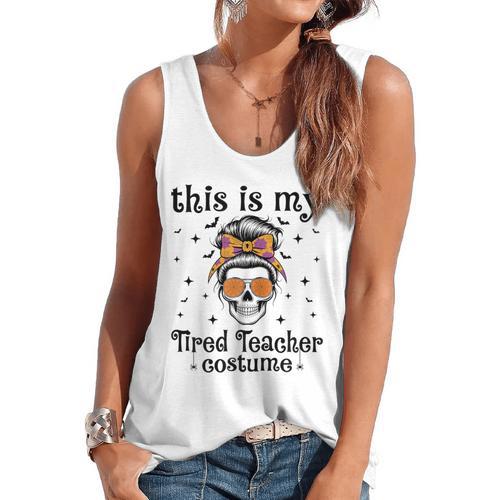 This Is My Tired Teacher Costume Skull Halloween Messy Bun Flowy Tank - teacherstshirts.com