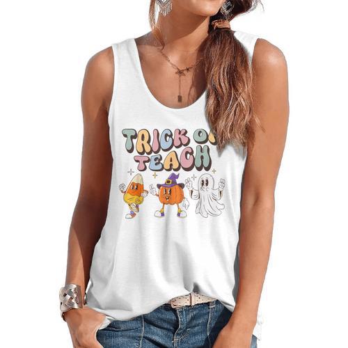 Trick Or Teach Candy Corn Pumpkin Ghost Teacher Flowy Tank - teacherstshirts.com CA