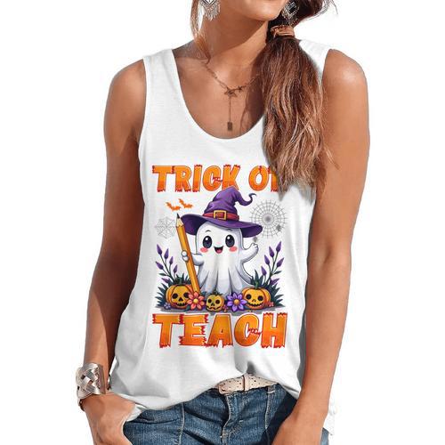 Trick Or Teach Teacher Halloween Ghost Pencil Floral Flowy Tank - teacherstshirts.com