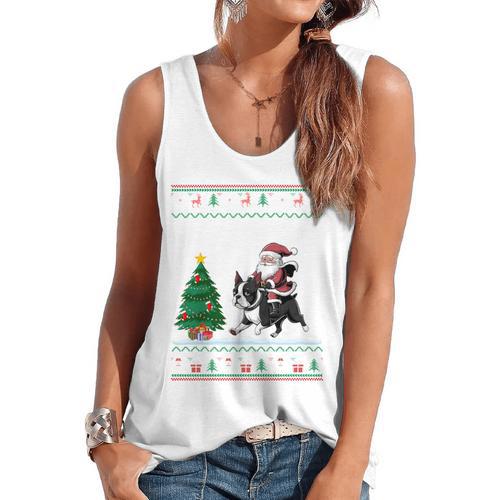 Ugly Christmas Tree Lights Xmas Santa Riding Boston Terrier Flowy Tank - Bostonterriersmerch.com