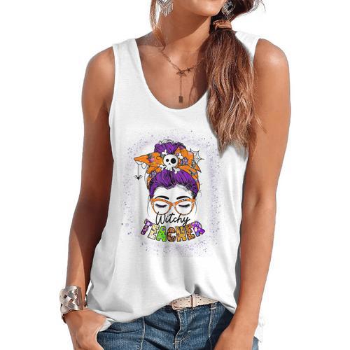 Witchy Teacher Halloween Messy Bun Teacher Bleached Flowy Tank - teacherstshirts.com