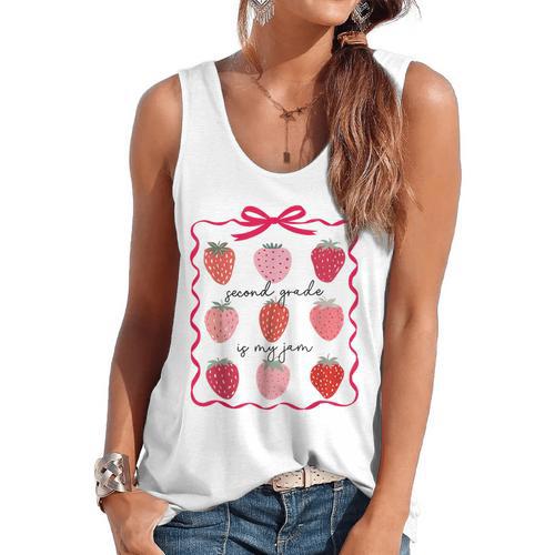 Women Second Grade Is My Jam Strawberry First Kids Teacher Flowy Tank - teacherstshirts.com DE