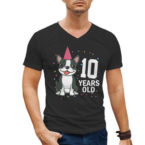 10 Years Old Birthday Boston Terrier Dog Lover 10th Party For Men Women Kids Men's V-Neck T-Shirt - Bostonterriersmerch.com