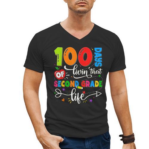 100 Days Of Living That 2nd Grade Life Boy Girl Teacher Men's V-Neck T-Shirt - teacherstshirts.com AU