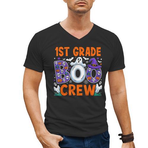 1st Grade Boo Crew First Grade Teacher Kids Happy Halloween Men's V-Neck T-Shirt - teacherstshirts.com