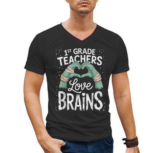 1st Grade Teachers Love Brains Shirt Halloween Teacher Men's V-Neck T-Shirt - teacherstshirts.com DE