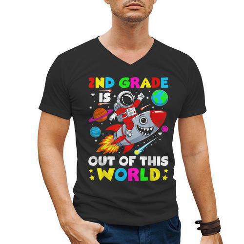 2nd Grade Is Out Of This World Space Rocket Planets Teacher Men's V-Neck T-Shirt - teacherstshirts.com CA