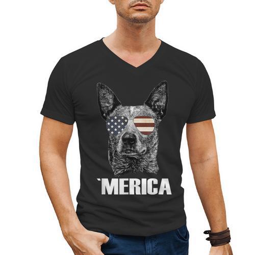 4th July Blue Heeler Dog Merica Patriotic USA Flag Cute Men's V-Neck T-Shirt - Bostonterriersmerch.com