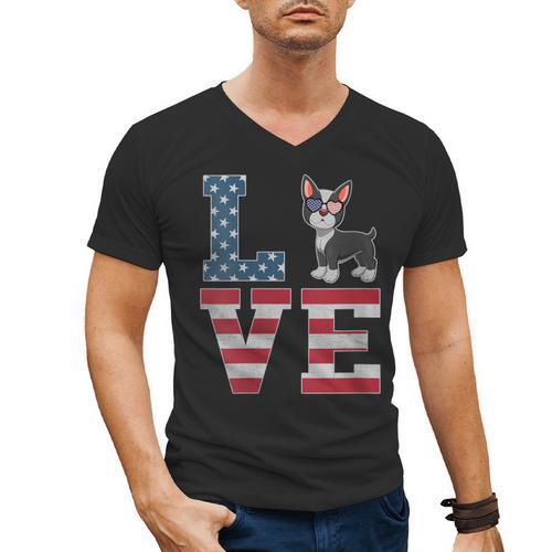 4th Of July Decor Patriotic LOVE Boston Terrier USA Flag Men's V-Neck T-Shirt - Bostonterriersmerch.com
