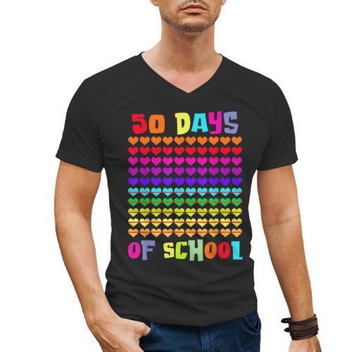 50 Days Of School Hearts Teacher Happy 50th Day Of School Men's V-Neck T-Shirt - teacherstshirts.com