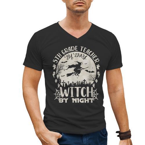 5th Grade Teacher By Day Witch By Night Halloween Men's V-Neck T-Shirt - teacherstshirts.com UK