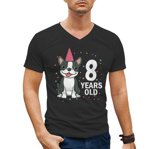 8 Years Old Birthday Boston Terrier Dog Lover 8th Party Kid Men's V-Neck T-Shirt - Bostonterriersmerch.com