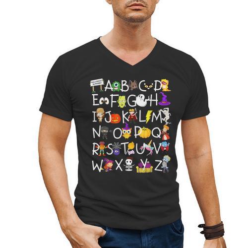 Alphabet ABCs Halloween Characters Kindergarten Teacher Kids Men's V-Neck T-Shirt - teacherstshirts.com
