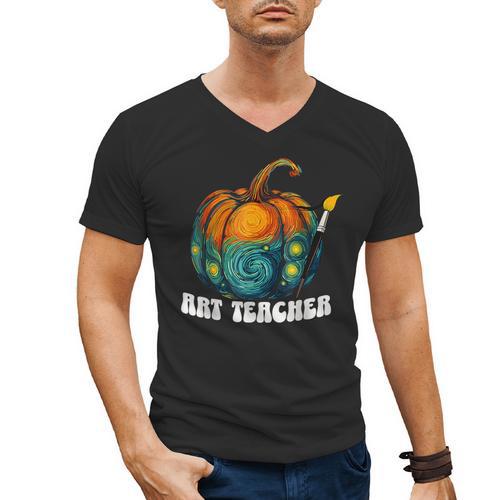 Art Teacher Pumpkin Halloween Night Men Women Men's V-Neck T-Shirt - teacherstshirts.com