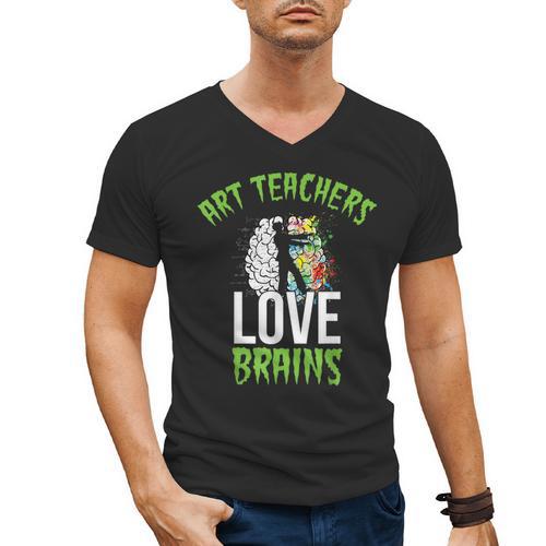 Art Teachers Love Brains Shirt Halloween Zombie Teaching Tee Men Women Kids Men's V-Neck T-Shirt - teacherstshirts.com