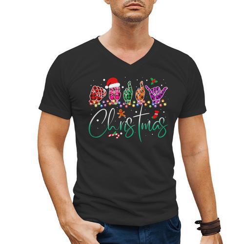 ASL Christmas Buffalo Plaid Teacher American Sign Language Men's V-Neck T-Shirt - teacherstshirts.com UK
