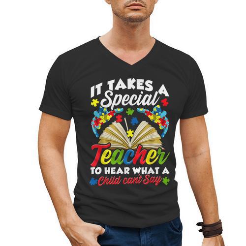 Autism Awareness Teacher Shirts It Takes A Special Teacher Men's V-Neck T-Shirt - teacherstshirts.com