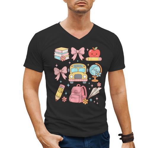 Back To School Coquette Teacher Women Girl Kindergarten PreK Men's V-Neck T-Shirt - teacherstshirts.com UK