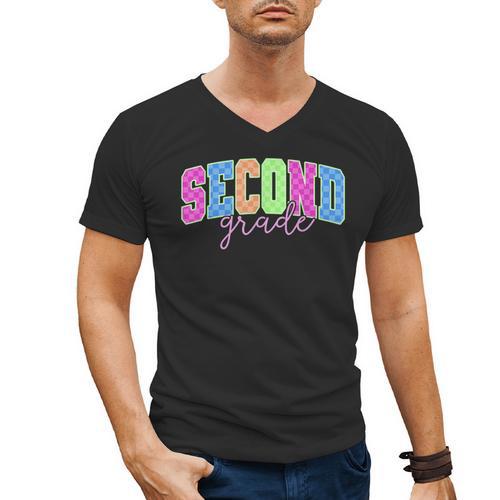 Back To School Neon Checkered Second Grade Colorful Teacher Men's V-Neck T-Shirt - teacherstshirts.com UK