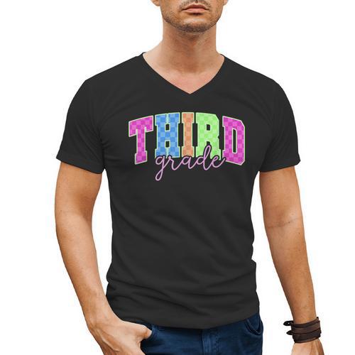 Back To School Neon Checkered Third Grade Colorful Teacher Men's V-Neck T-Shirt - teacherstshirts.com UK