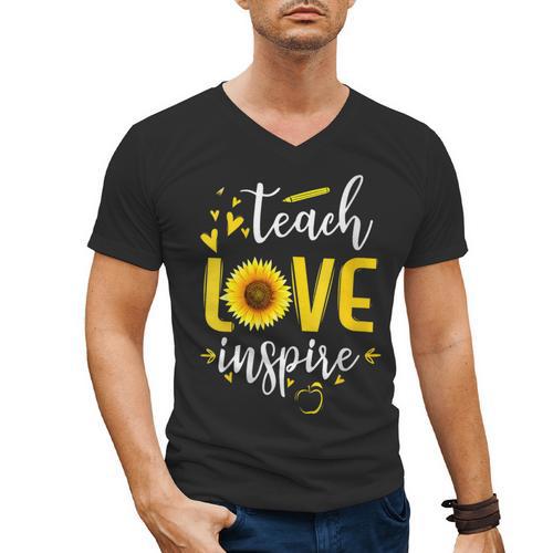 Back To School Teach Love And Inspire Teacher Sunflower Men's V-Neck T-Shirt - teacherstshirts.com UK