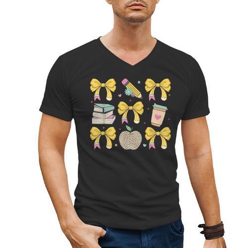 Back To School Yellow Bows Book Coffee Leopard Apple Teacher Men's V-Neck T-Shirt - teacherstshirts.com AU