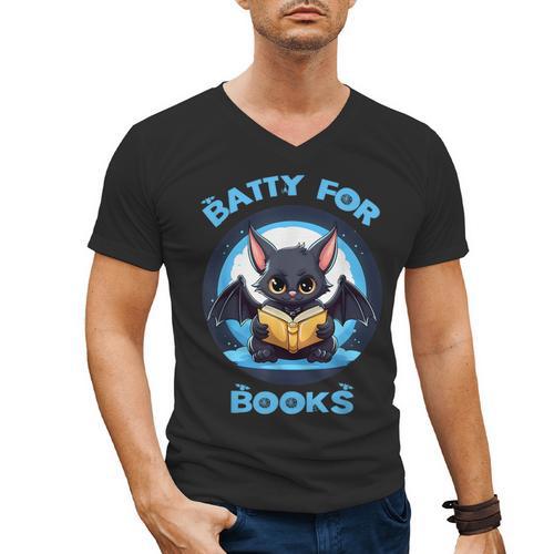 Batty About Books Lover Teacher Librarian Bookish Halloween For Men Women Kids Men's V-Neck T-Shirt - teacherstshirts.com
