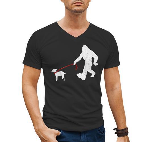 Bigfoot Walking With Bull Terrier Dog Men's V-Neck T-Shirt - Bostonterriersmerch.com