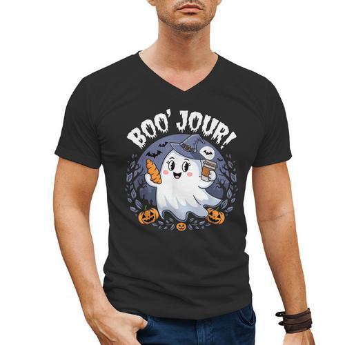 Boo Jour Ghost Halloween French Teacher Cute Coffe Croissant Men's V-Neck T-Shirt - teacherstshirts.com