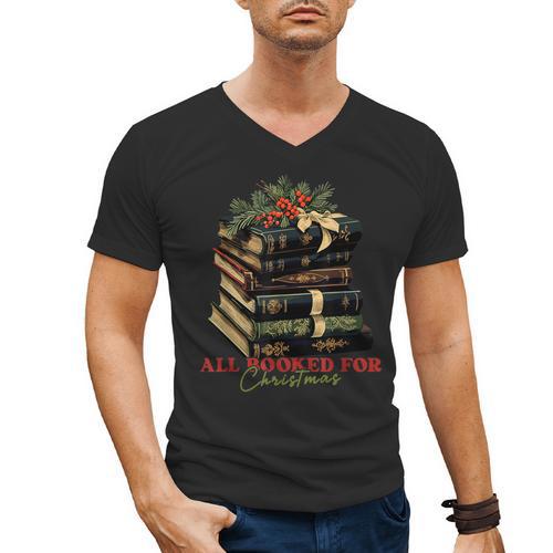 All Booked For Christmas Christmas Book Tree For Teacher For Men Women Kids Men's V-Neck T-Shirt - teacherstshirts.com AU