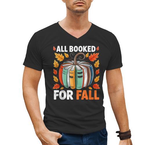 All Booked For Fall Book Pumpkin Autumn Thanksgiving Teacher Men's V-Neck T-Shirt - teacherstshirts.com DE