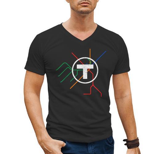 Boston T Subway Map Vintage MBTA Men's V-Neck T-Shirt - Bostonterriersmerch.com