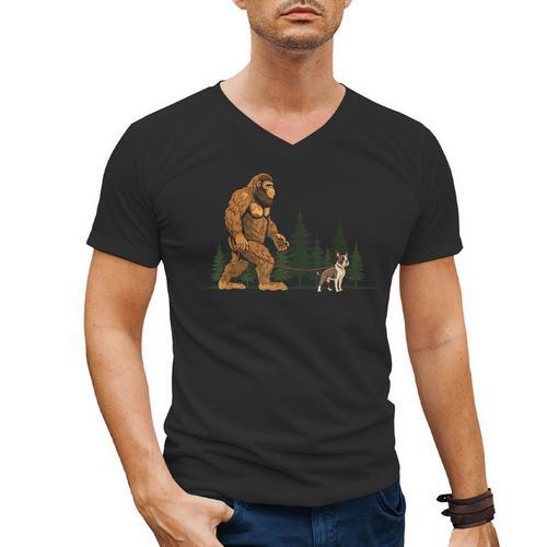 Boston Terrier Bigfoot Dog Walking Dog Mom Dad Kids Men's V-Neck T-Shirt - Bostonterriersmerch.com