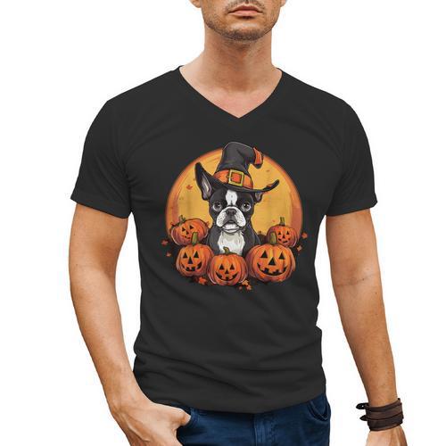 Boston Terrier Bostie Dog Breed Pet Halloween Pumpkins Men's V-Neck T-Shirt - Bostonterriersmerch.com AU