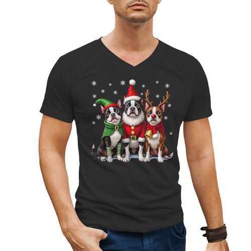 Boston Terrier Christmas Dogs Santa Reindeer Elf Men's V-Neck T-Shirt - Bostonterriersmerch.com