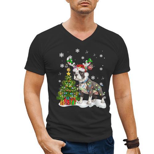 Boston Terrier Christmas Tree Lights Santa Hat Men's V-Neck T-Shirt - Bostonterriersmerch.com