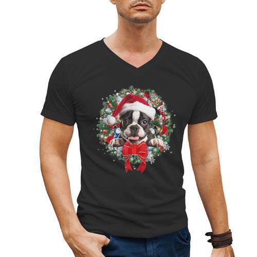 Boston Terrier Christmas Wreath Decoration Xmas Pajamas Men's V-Neck T-Shirt - Bostonterriersmerch.com