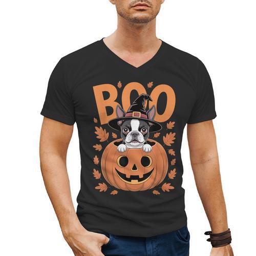 Boston Terrier Costume On Pumpkin Halloween Boston Terrier Men's V-Neck T-Shirt - Bostonterriersmerch.com AU
