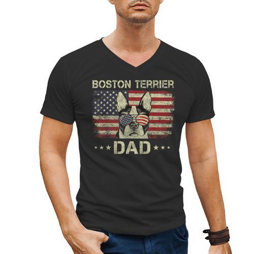 Boston Terrier Dad Dog Lovers American Flag 4th Of July For Women Men Men's V-Neck T-Shirt - Bostonterriersmerch.com