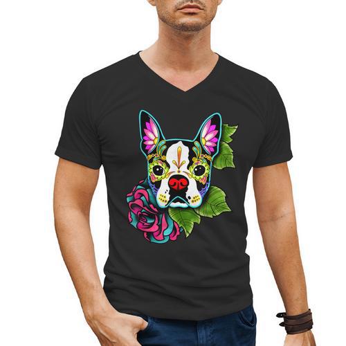 Boston Terrier In Day Of The Dead Sugar Skull Dog Men's V-Neck T-Shirt - Bostonterriersmerch.com
