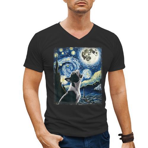 Boston Terrier Dog Art Van Gogh Starry Night Boston Terrier Men's V-Neck T-Shirt - Bostonterriersmerch.com
